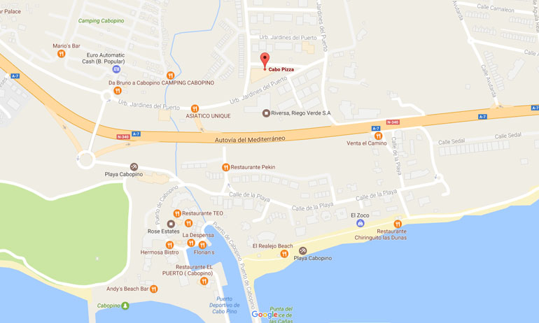 Cabo Pizza Bistro, Pizza Restaurant and Take Away, Cabopino, East Marbella, Costa del Sol Map