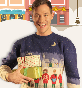 Will Young wearing a jumper designed by Martin.